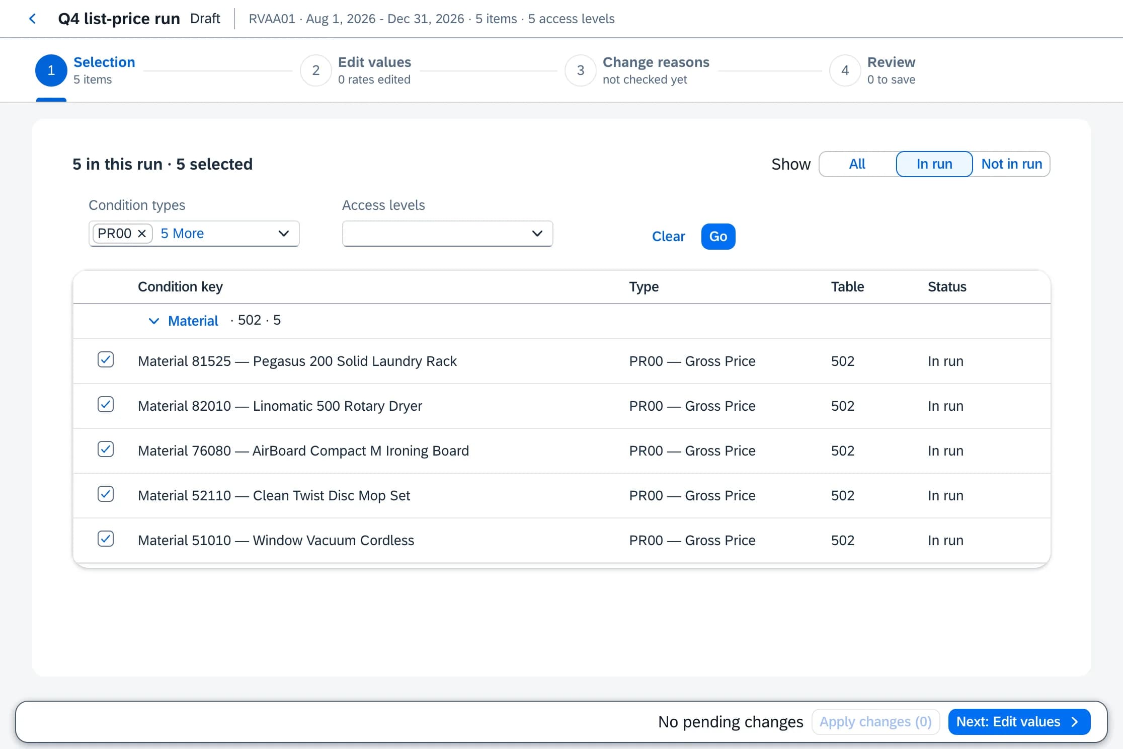 Selection step of a mass-update run in Price Conditioner: condition types and access levels as filters, five materials selected for the run