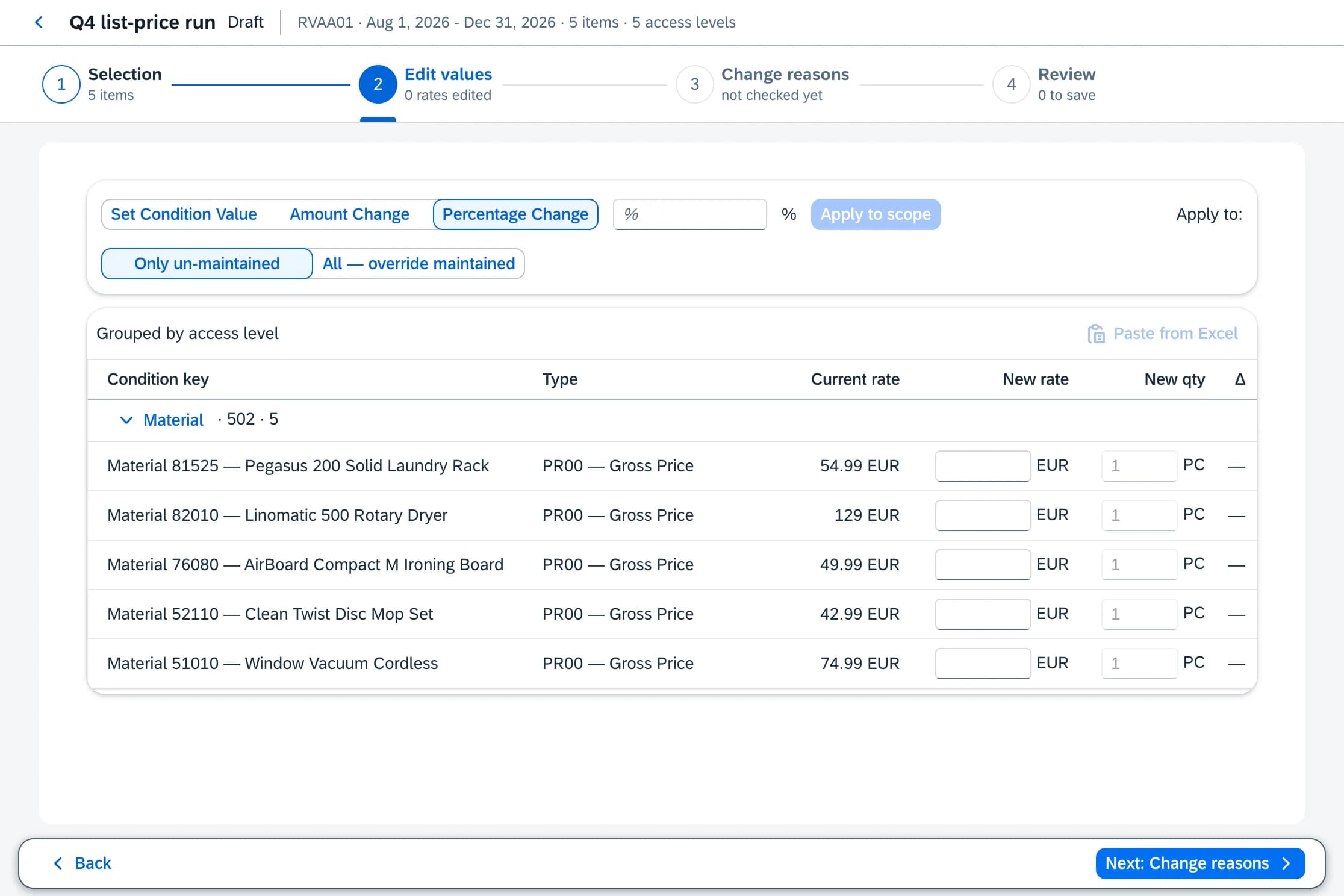 Edit values step of a mass-update run in Price Conditioner: current rate, new rate and difference per condition, with set value, amount change, percentage change and paste from Excel