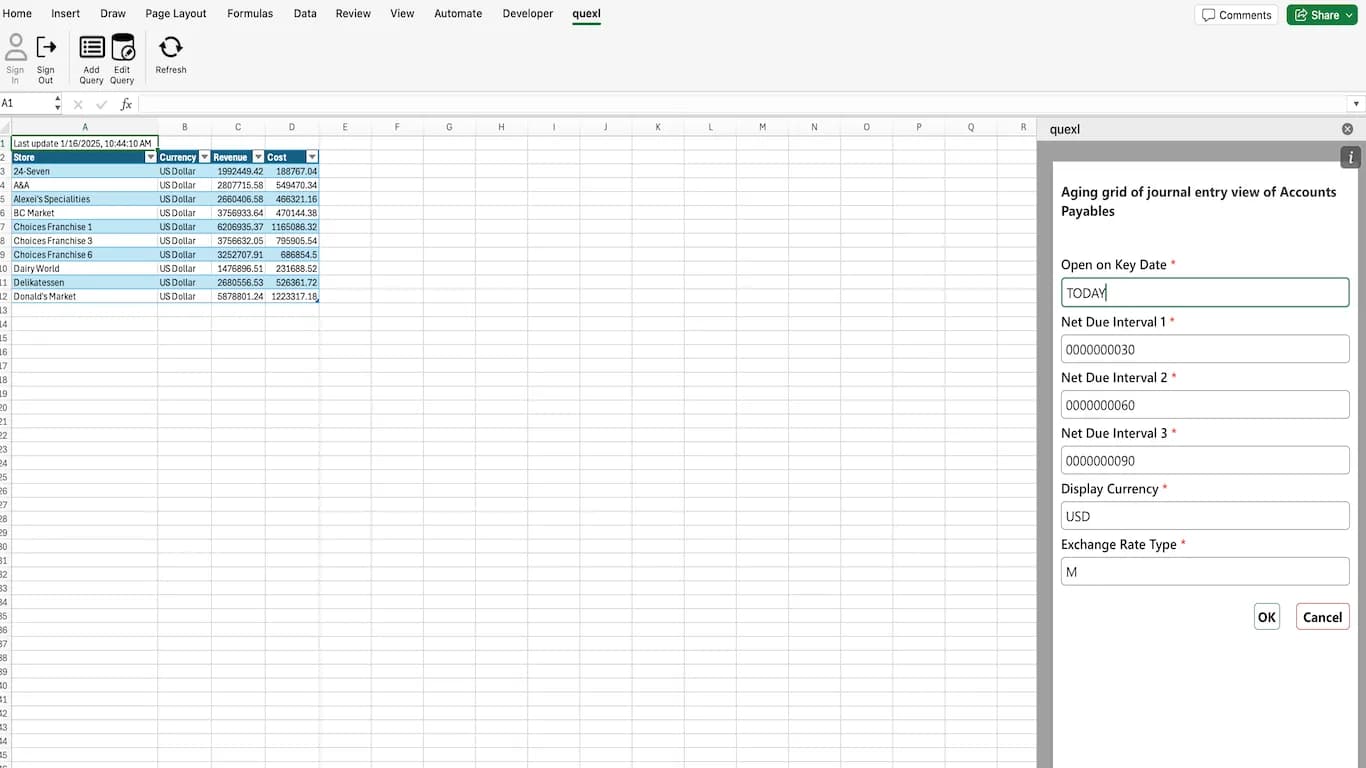 Variablenmaske einer Quexl-Query in Excel: Stichtag, Fälligkeitsintervalle, Anzeigewährung und Kurstyp neben der geladenen Tabelle