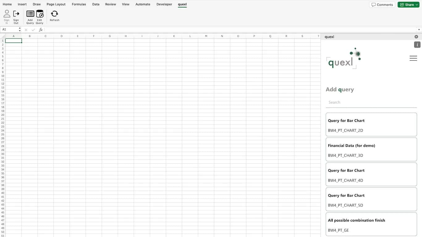 Quexl-Bereich „Add query“ in Excel mit Suchfeld und Liste der verfügbaren SAP-BW-Queries