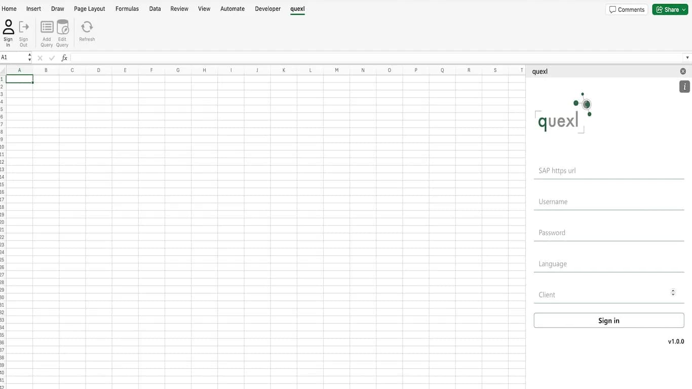 Anmeldung in Quexl: SAP-URL, Benutzername, Passwort, Sprache und Mandant im Excel-Seitenbereich